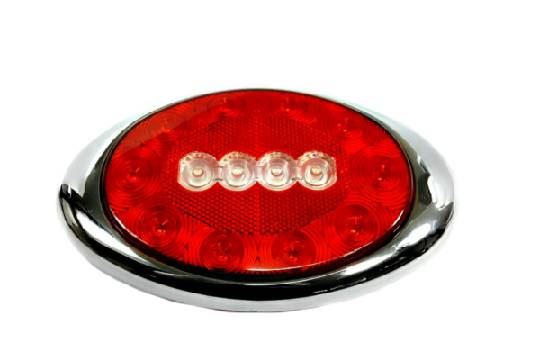 8 Inch Oval LED Stop Turn Tail and Reverse Light 10 Red 4 White Diodes Chrome Bezel