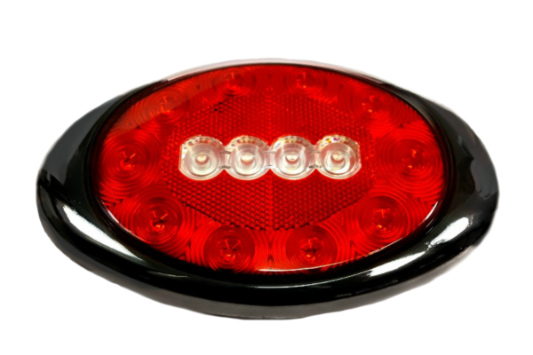 8 Inch Oval LED Stop Turn Tail and Reverse Light 10 Red 4 White Diodes Black Bezel Bullet Ends