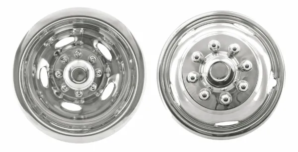 17" Stainless Steel Snap-On Wheel Simulator Set – Dodge & Chevy, 8 Lug, 5 Hand Hole, Pop-Out Center Caps