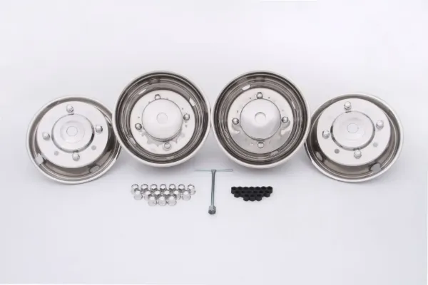 19.5" Stainless Steel Wheel Simulator Set – 8 Lug on 275mm, 4 Hand Hole, 32mm Lug Nut Covers, 5.5" Front Pop-Off Hub Covers, 2" Logo Areas