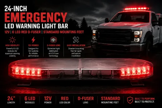 "Warning 24"" Emergency Light Bar 12V 6 Led D-Fuser Flashing RedW/ Standard Feet"