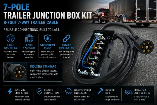 7 Pole Trailer Junction Box Kit with Harness 8ft 7 Way Cable