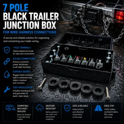 7 Pole Black Trailer Junction Box for Wire Harness Connections
