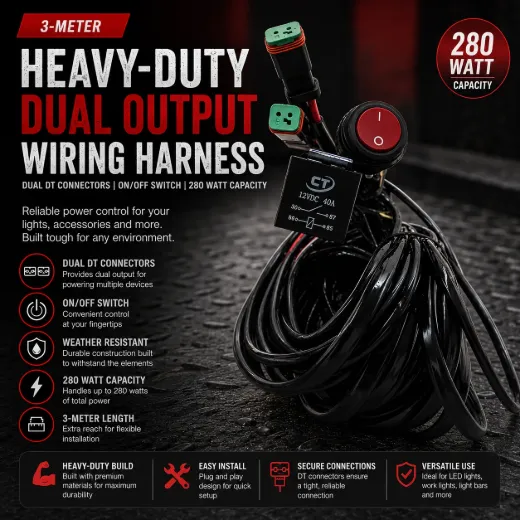 3-Meter Heavy-Duty Dual Output Wiring Harness – Dual DT Connectors, On/Off Switch, 280 Watt Capacity