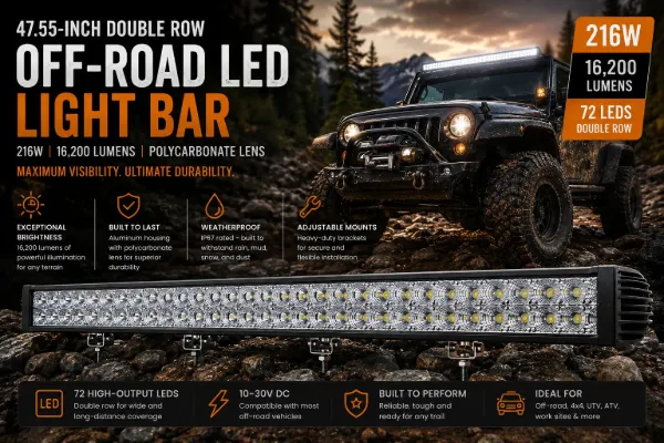 47.55-Inch Double Row Off-Road LED Light Bar – 216W, 16,200 Lumens, 72 LED, Aluminum Housing, Polycarbonate Lens