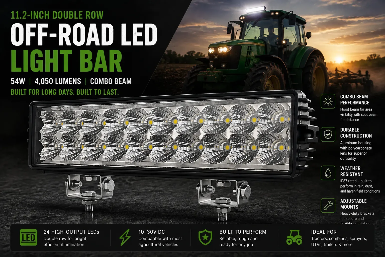 11.2-Inch Double Row Off-Road LED Light Bar – Combo Beam, 54W, 4,050 Lumens, Aluminum Housing, Polycarbonate Lens