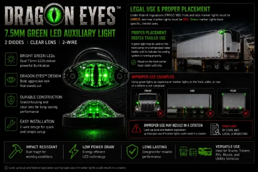 Dragon Eyes™ 7.5mm Green LED Auxiliary Light – 2 Diodes, Clear Lens, 2-Wire