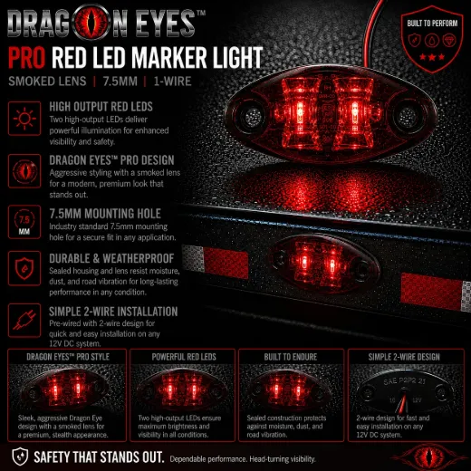 Dragon Eyes™ Pro Red LED Marker Light – Smoked Lens, 2-Wire